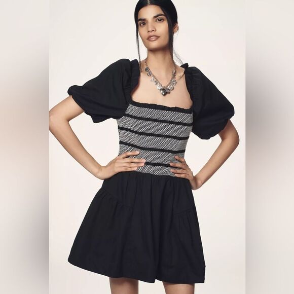 Anthropologie Puff-Sleeve Square-Neck Smocked Mini Dress Size Large - Picture 2 of 5